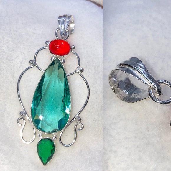 Aquamarine, Green & Garnet Quartz Handmade Pendant - Picture 3 of 4